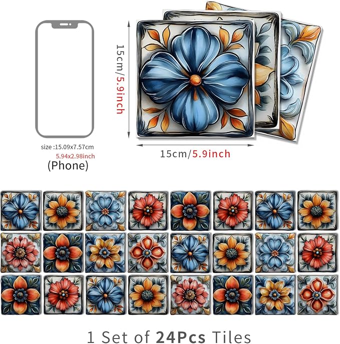Tile Decals with Vintage Flower Pattern, 6X6IN-24 Pcs | 1.6mm-Thick FOAM+PE Tiles,Strong Adhesive, Waterproof Sticker Decals for Kitchen,Bathroom,Cabinets