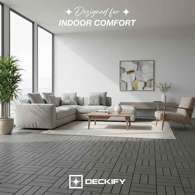 Acacia Interlocking Deck Tiles Outdoor Waterproof All Weather Grey Crossed | Raised Drainage Base, 12x12 In, Trimmable, Oil-Rubbed Finish, No Tools or Sealant Required, Weather-Resistant, Washable