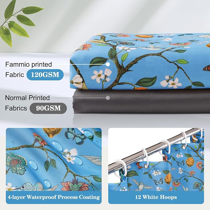 Blue Floral Bird Shower Curtain 72x72, Hummingbird and Lemon Botanical Fabric Bath Curtains, Lightweight Quick-Dry Bathroom Decor Set with Hooks