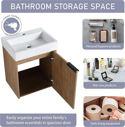 18" Bathroom Vanity with Sink, 18 Inch Floating Bathroom Vanity for Small Space, Modern Bathroom Vanity, Brown Wall Mounted Cabinet Set（015）