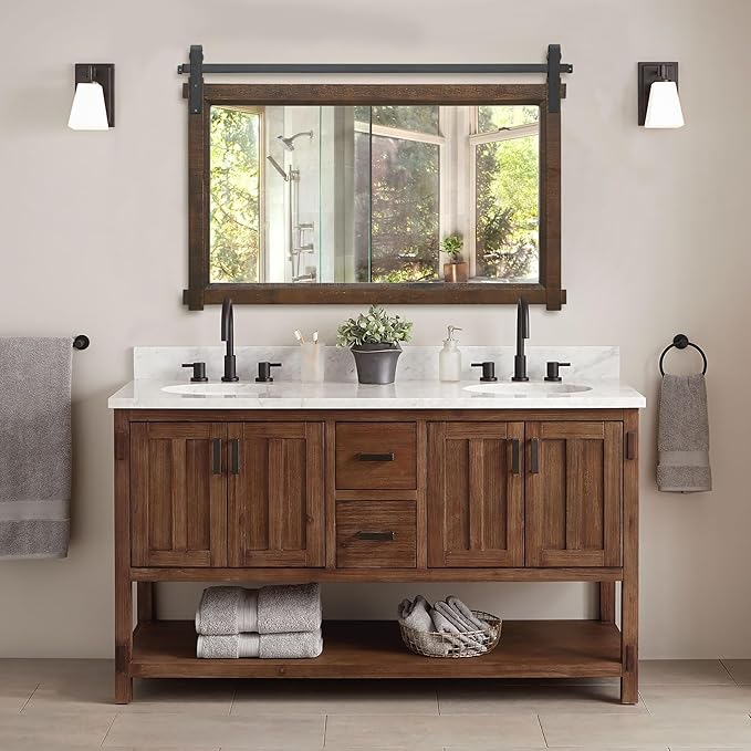 Besdomus Large Bathroom Rustic Mirror: 42"x28" Brown Barn Door Farmhouse Solid Cedar Wood Frame - Wall Mounted Mirror for Hallway/Fireplace/Bathroom Refresh- Modern Rustic Decor for Fashion-Conscious