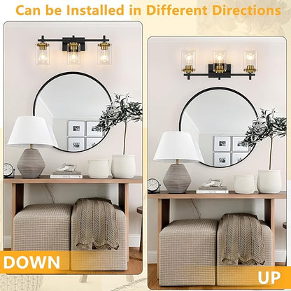 3-Lights Black and Gold Bathroom Light Fixtures Over Mirror, Modern Brushed Gold Vanity Lights for Bathroom, Sconces Wall Lighting with Square Glass Shade for Mirror Bedroom Hallway