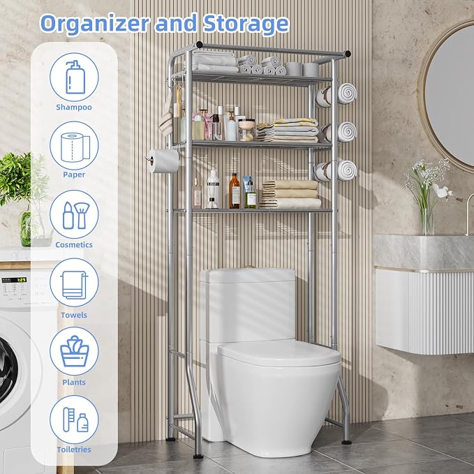 Simple Trending 3 Tier Over The Toilet Rack, Shelf Bathroom, Bathroom Stand Organizer Space Saver, Silver
