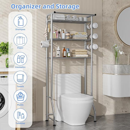 Simple Trending 3 Tier Over The Toilet Rack, Shelf Bathroom, Bathroom Stand Organizer Space Saver, Silver