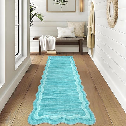Garvee Washable Runner Rug 2x6 Modern Solid Scalloped Kitchen Runner Teal | Modern Long Runner Rug for Entryway Bedroom, Non Slip Low Pile Solid Runner Rugs for Entryway, Nursery Rugs Runner