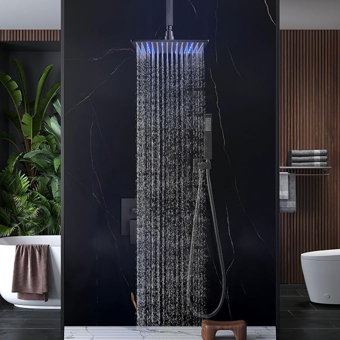 Aolemi Ceiling Shower Faucet Set with Handheld 12" LED Head Matte Black | Handheld Spray,12 Inch Rain LED Head,Shower Valve and Trim Kit,All Metal,Ceiling System,Bathroom Mixer