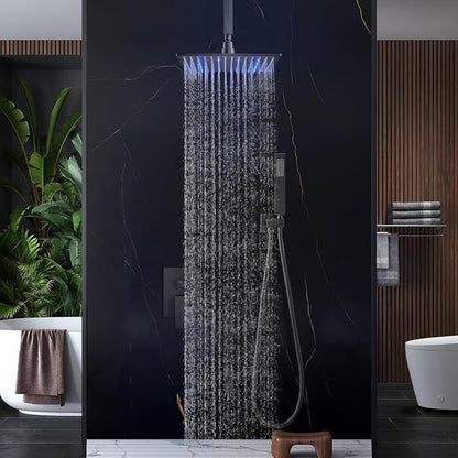 Aolemi Ceiling Shower Faucet Set with Handheld 12" LED Head Matte Black | Handheld Spray,12 Inch Rain LED Head,Shower Valve and Trim Kit,All Metal,Ceiling System,Bathroom Mixer