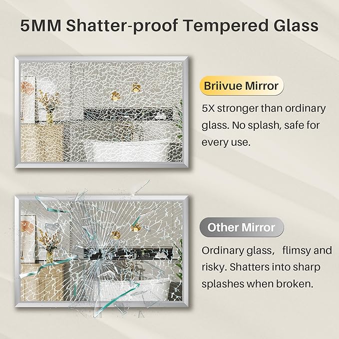 60x36 Inch Brushed Silver Bathroom Mirror for Wall, Thick Metal Framed Rectangle Mirrors for Over Sink, Bedroom, Living Room, Entryway, Anti-Rust, HD Tempered Glass