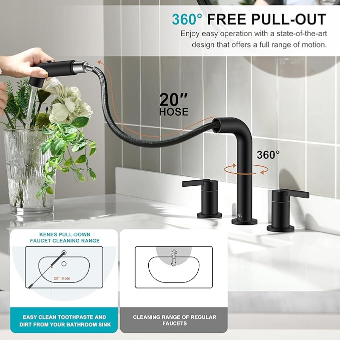 KENES Matte Black Pull Out Bathroom Faucet, 8 Inch 2 Handle Widespread Bathroom Faucet 3 Hole with Pull Down Sprayer, Bathroom Sink Faucet with Pop Up Drain & Supply Lines LJ-9058A-2