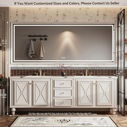 Double Sink Bathroom Vanity, Luxurious Bathroom Vanity with LED Smart Defog Mirror, Solid Freestanding Wood Vanity Sink Cabinet