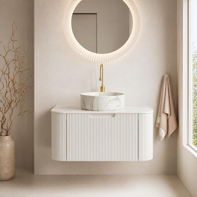 30 Inch Bathroom Vanity with Sink, Floating Wall Mounted Single Sink Vanity, White Curved Fluted Front, Stone Top, Marble-Look Round Vessel Basin, Pre-Assembled