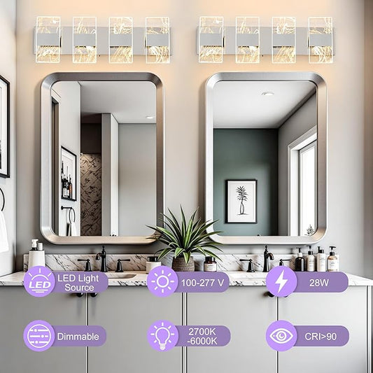 Modern LED Bathroom Light Fixtures Dimmable 4-Light Chrome Vanity Light, 5CCT Adjustable Lighting Fixture Vanity Lights Over Mirror, Smoked Acrylic LED Vanity Lights for Bathroom