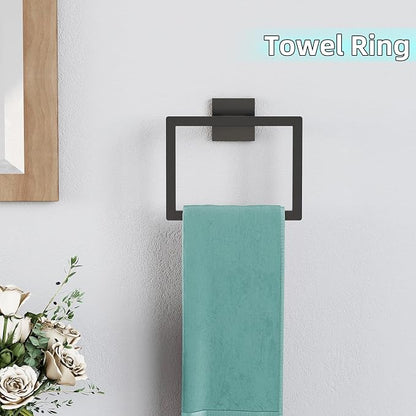 5-Pieces Matte Black Bathroom Hardware Accessories Set, 24 Inch Stainless Steel Towel Racks for Bathroom, Towel Bar Set Towel Ring Coat Hook and Toilet Paper Holder with Shelf Wall Mounted