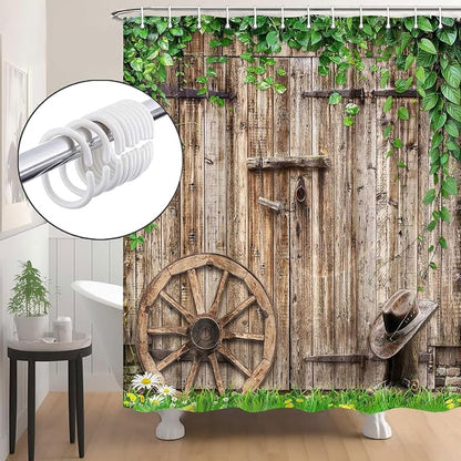 Rustic Farmhouse Country Barn Door Shower Curtain for Bathroom,Wood Board Plank Country Vintage Green Leaves Garage Cabin Decor Curtains,Wooden Wheel Boots Bath Curtains with Hooks 72X84IN