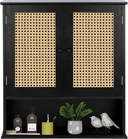 ZYBT Bathroom Medicine Cabinet Wall Mounted,Black Rattan Storage Towel Cabinet for Bathroom Storage Over The Toilet, Floating Hanging Cabinet for Small Spaces Kitchen Laundry Living Room