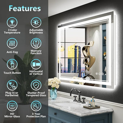 44x32 LED Bathroom Mirror, Backlit & Front Lit Lighted Mirror | Anti-Fog Vanity Mirror with Lights, 3 Color Dimmable, Memory, HD Tempered Glass, CRI95, IP54, UL Listed, Horizontal/Vertical