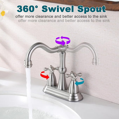 Brushed Nickel Bathroom Faucet, 4 Inch Antique Bathroom Faucet | with Pop up Drain, Stainless Steel, Cross Handles, 4 Inch Centerset