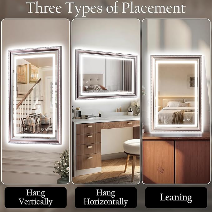 ROLOVE 23x35 Inch Bathroom Mirror with Lights, Brushed Rose Gold Frame, Anti-Fog LED Vanity Mirror for Wall, Plug-in/Hardwired, Dimmable, Tempered Glass,Wall Mirrors Decorative (Champagne Pink Hue)