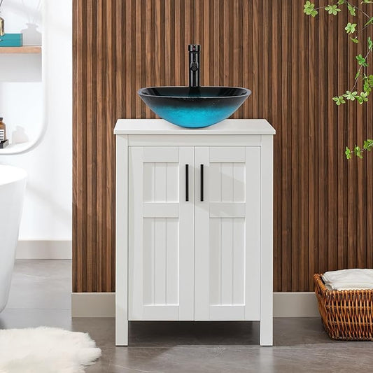 UEV White 24" Bathroom Vanity with Sink Combo,Modern Vanity with Vessel Sink,Stylish Bathroom Vanity Cabinet,Grooved Doors & Metal Handles,Modern Square Ocean Blue Tempered Glass Vessel Sink(A10)