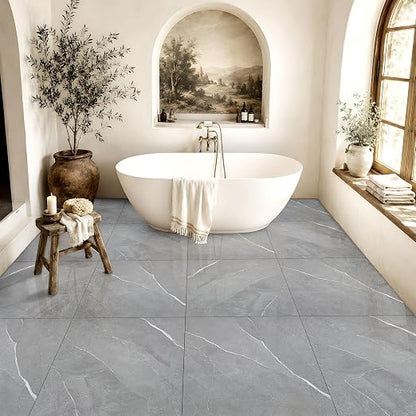 DEXDE Peel and Stick Floor Tile 18x18 Marble Vinyl Flooring Waterproof 20PC | Floor Tiles Peel and Stick Waterproof, Self Adhesive Floor Tiles, Sticky Floor Tiles Bathroom Floor Tiles 1.5FTx1.5FT Gray