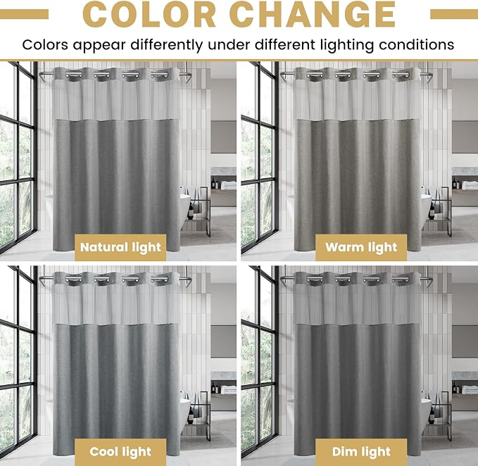 WONICY Stall No Hook Shower Curtain with Snap-in Liner, Grey, 54 x 80 | Ringless, Waterproof & Washable, Hotel Style, Mesh Top Window, Bottom Magnets, Thick, Farmhouse, for Bathroom