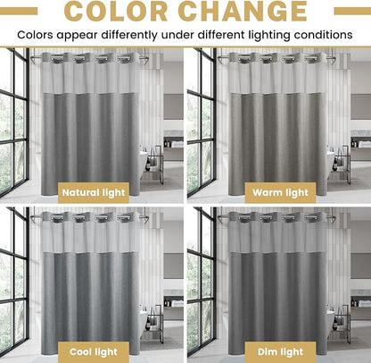 WONICY Stall No Hook Shower Curtain with Snap-in Liner, Grey, 54 x 80 | Ringless, Waterproof & Washable, Hotel Style, Mesh Top Window, Bottom Magnets, Thick, Farmhouse, for Bathroom
