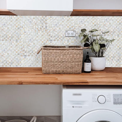 Peel and Stick Mother of Pearl Shell Backsplash Tiles, White & Natural | Waterproof self-adhesive mosaic tiles with 10 sq ft coverage for kitchen backsplash, bathroom walls and easy DIY installation