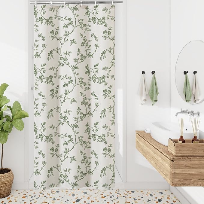 MitoVilla Small Stall Shower Curtain Set 36 x 72, Narrow Half Cotton Floral Cottagecore Spring Shower Curtains for Bathroom, Modern Farmhouse Country Plant Leaves Bathroom Décor