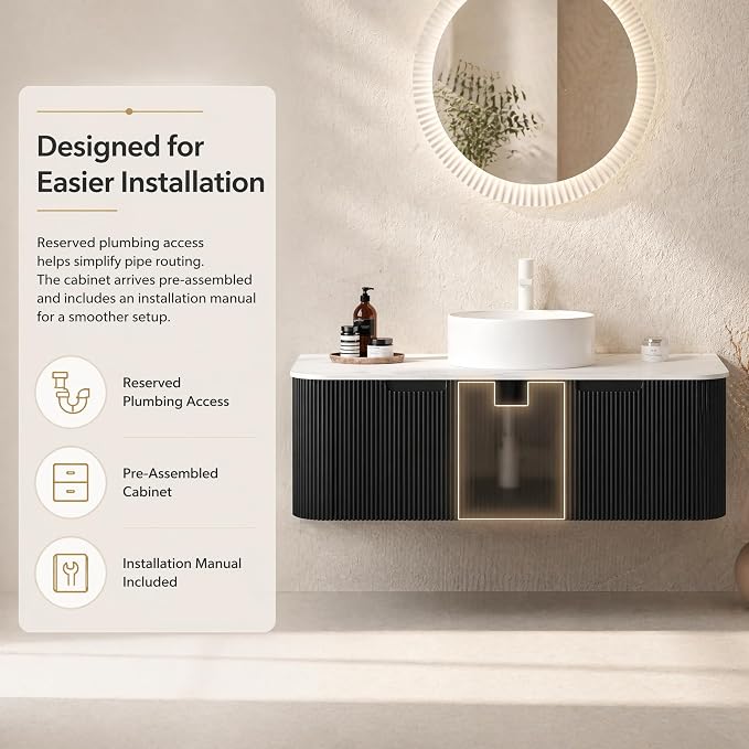 48 Inch Bathroom Vanity with Sink, Floating Wall Mounted Single Sink Vanity, Black Curved Fluted Front, Stone Top, Pure White Round Vessel Basin, Pre-Assembled