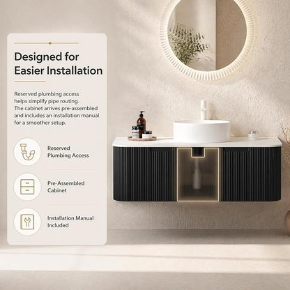 48 Inch Bathroom Vanity with Sink, Floating Wall Mounted Single Sink Vanity, Black Curved Fluted Front, Stone Top, Pure White Round Vessel Basin, Pre-Assembled