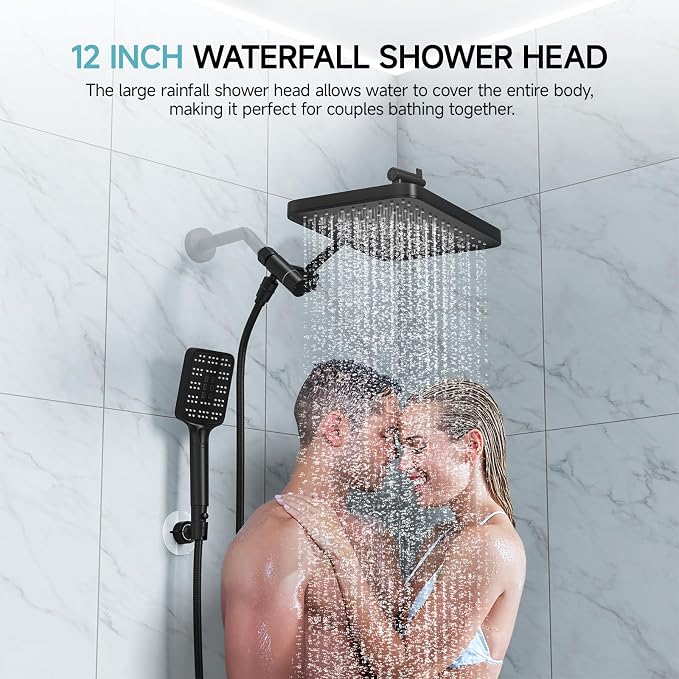 SR SUN RISE Rainfall Dual Shower Head with Adjustable Spray in Matte Black | High pressure double and tandem shower head set features a 12'' rainfall head, handheld spray, and adjustable angles.