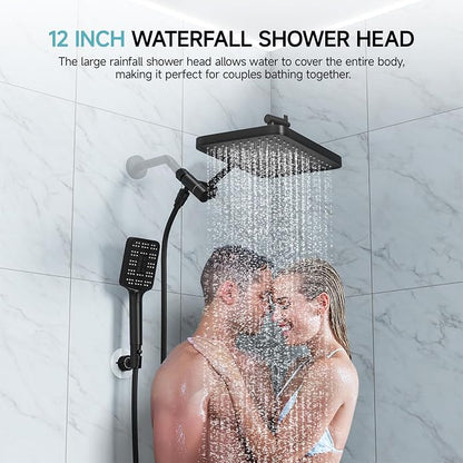 SR SUN RISE Rainfall Dual Shower Head with Adjustable Spray in Matte Black | High pressure double and tandem shower head set features a 12'' rainfall head, handheld spray, and adjustable angles.