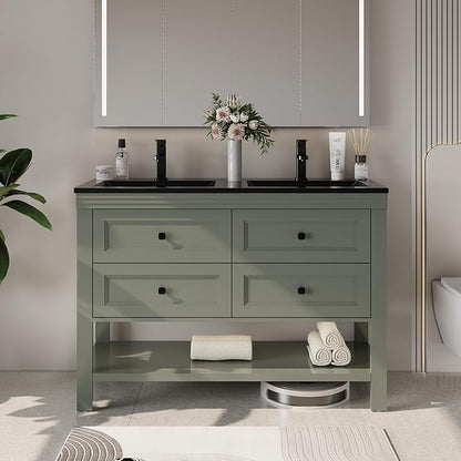 eclife 48" Bathroom Vanity with Sink Combo, Modern Painted Vanities Cabinet with Big Drawers, Opening Bottom Shelf, Raised Foot Pads, Include Undermount Black Sink, Faucet & Drain, Green