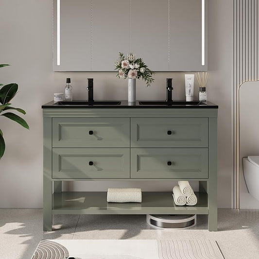 eclife 48" Bathroom Vanity with Sink Combo, Modern Painted Vanities Cabinet with Big Drawers, Opening Bottom Shelf, Raised Foot Pads, Include Undermount Black Sink, Faucet & Drain, Green