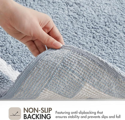 Madison Park Evan 100% Cotton Bath Runner Plush Absorbent, 24" x 72", Blue | Non-slip Backing, OEKO TEX, Luxurious Tufted Plush Bath Rug for Bathroom, Quick Dry, Spa Design Decorative for Shower Room