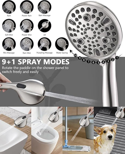 PDPBath High Pressure Rainfall Shower Head with Handheld Combo, 10 Setting Handheld Shower Head, Dual Handheld Shower Head Combo with Slide Bar for Easy Reach, Brushed Nickel