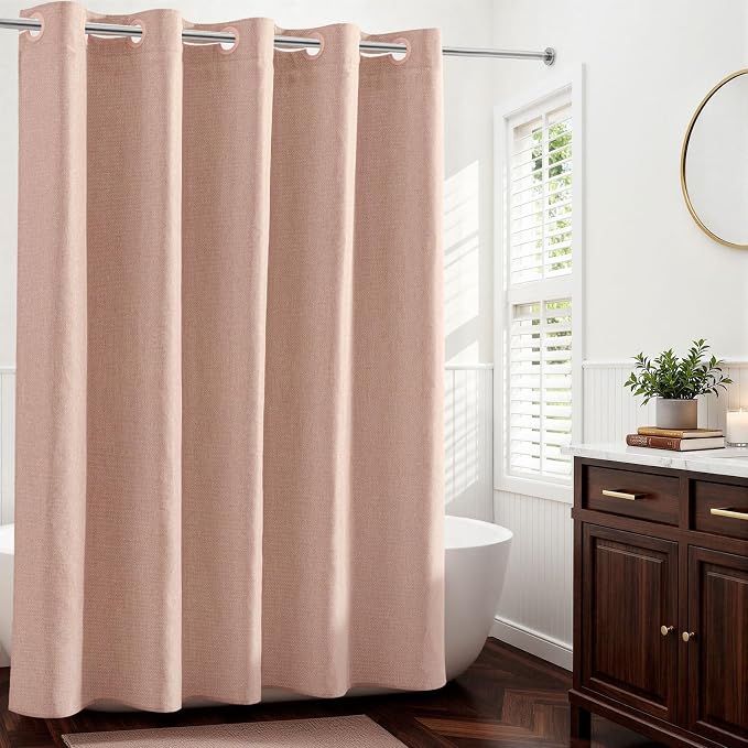 River Dream Linen Textured No Hooks Shower Curtain with Liner,Pink,71x74 | with Snap-in Liner,Heavy Duty Fabric,Quick Dry,Bottom Magnets,Water-Repellent,Washable,Farmhouse Bathroom Set