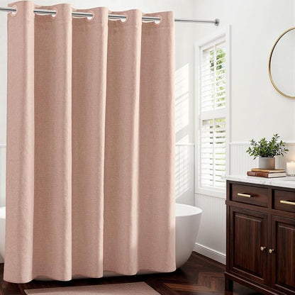 River Dream Linen Textured No Hooks Shower Curtain with Liner,Pink,71x74 | with Snap-in Liner,Heavy Duty Fabric,Quick Dry,Bottom Magnets,Water-Repellent,Washable,Farmhouse Bathroom Set