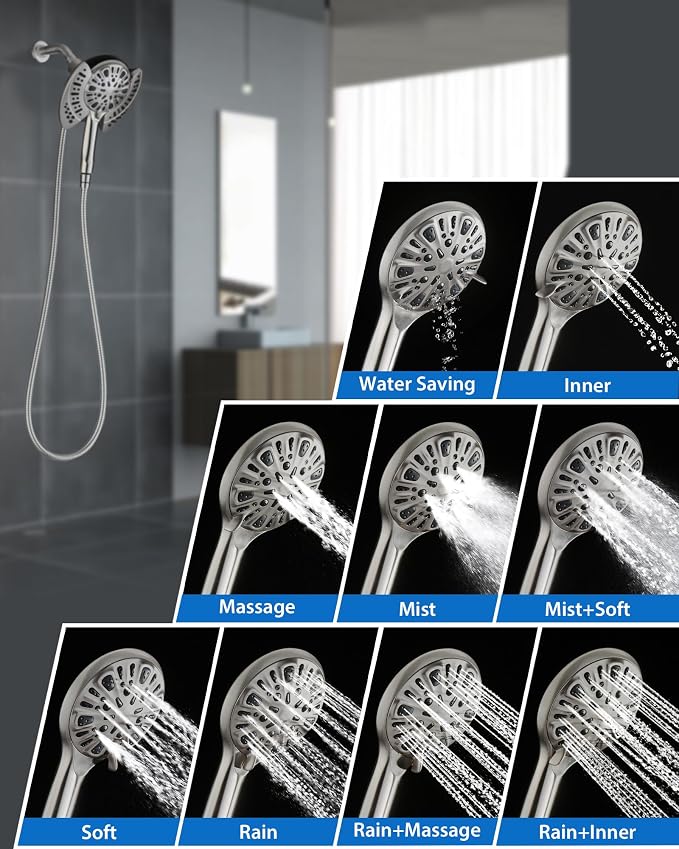 2 in 1 Shower Head with Handheld Combo High Pressure Nickel 1.8 GPM | 7.2" Rain Showerhead and 9 Spray Hand Held Shower, Adjustable Shower Angle, 59-inch Rotatable Stainless Steel Hose