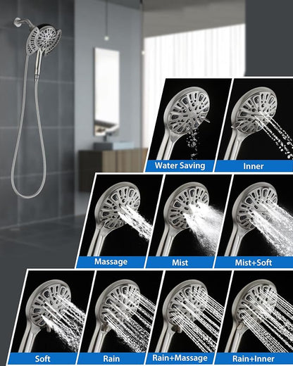 2 in 1 Shower Head with Handheld Combo High Pressure Nickel 1.8 GPM | 7.2" Rain Showerhead and 9 Spray Hand Held Shower, Adjustable Shower Angle, 59-inch Rotatable Stainless Steel Hose