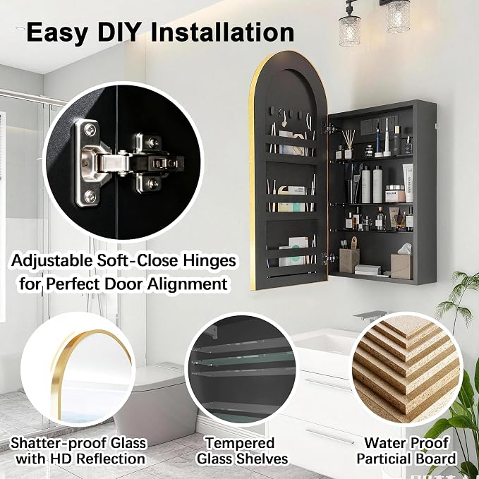 FKWin Medicine Cabinet Mirror with Power Outlet, Surface Mount, 20x34 Inch | Built-in Power Outlet, Adjustable Bathroom Storage, Reversible Left or Right Door, Surface Mount Design, Gold