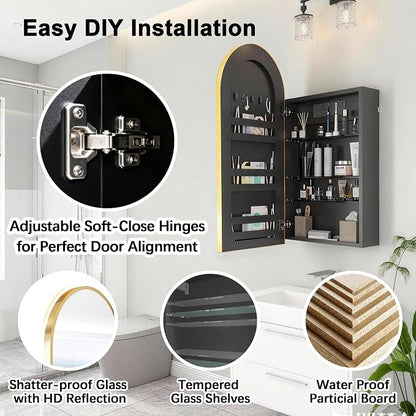 FKWin Medicine Cabinet Mirror with Power Outlet, Surface Mount, 20x34 Inch | Built-in Power Outlet, Adjustable Bathroom Storage, Reversible Left or Right Door, Surface Mount Design, Gold