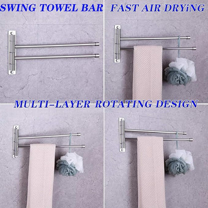 GERZWY Bath Towel Rack Hanger Towel Holder Organizer Bathroom Swing Arm Towel Bars 2-Arm Wall Mount Stainless Steel Polished Finish
