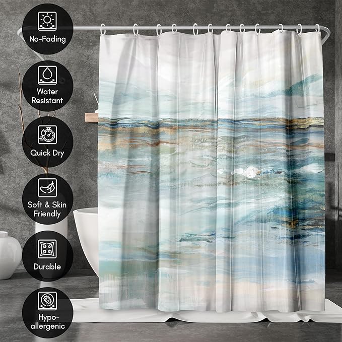 Americanflat 71x74 Beach Shower Curtain - Water-Resistant Long Shower Curtain with Coastal Landscape Design - Durable Metal Grommets and 12 Hooks - Polyester - Sky Blue, Seafoam Green, Beige and Grey
