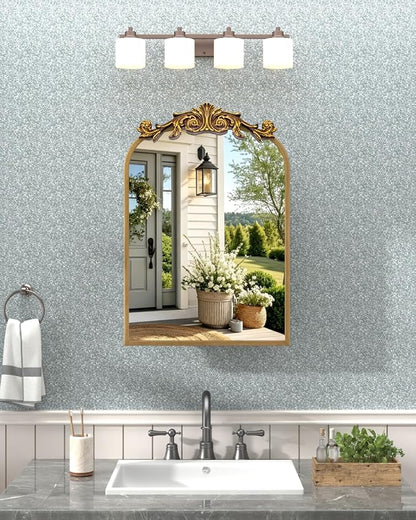 16x24 Inch Bronze Medicine Cabinet Mirror with Hand-Made Vintage Carving Flower and Aluminum Frame, Full Metal Cabinet, Recessed & Surface Mount, 2 Shelves, Arched Mirror with Storage for Bathroom