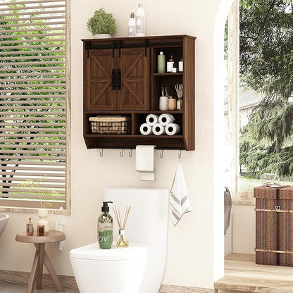RUSTOWN Farmhouse Bathroom Wall Cabinet,3-Tier Rustic Wood Wall Mounted Cabinets,Vintage Medicine Cabinet with Sliding Barn Door and Adjustable Shelves,Over The Toilet Storage Cabinet (Dark Walnut)