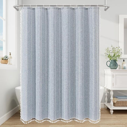Boho Farmhouse Tassel Linen Shower Curtain,3D Embroidery Stripe Blue,72x78 | Long Tall,310GSM Texture Heavy Duty Cloth,Water Repellent,Wrinkle Resistant,Vintage Rustic Country design,12 Plastic Hooks