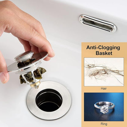 Bathroom Sink Drain Stopper for 1.1 to 1.5 inch Standard Drain Holes, Pop-up Sink Stoppers, Bullet Core Push Type Basin Drain Filter, Anti Clogging Stainless Steel Sink Strainer With Basket, Brushed