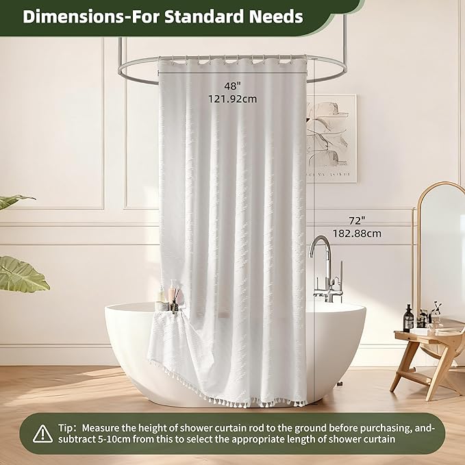 Stall Boho Shower Curtain White Tassel Woven Fabric Shower Curtain 48 x 72 Modern Farmhouse Textured Tufted Chevron Striped Minimalist Bathroom Shower Curtains