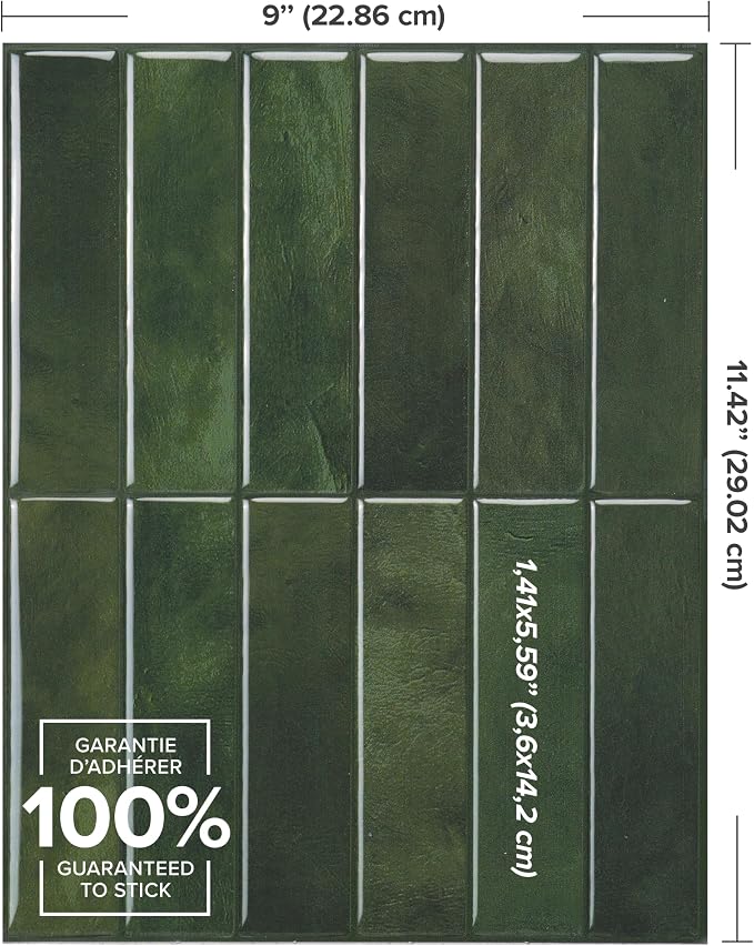 Smart Tiles Peel and Stick backsplash, Stacked Forest Green, 11.43"x9" | Pack of 5 (3.5 sq ft), Glossy, Heat/Moisture Resistant, Low VOC, Kitchen/Bathroom, Renter Friendly, Made in Canada